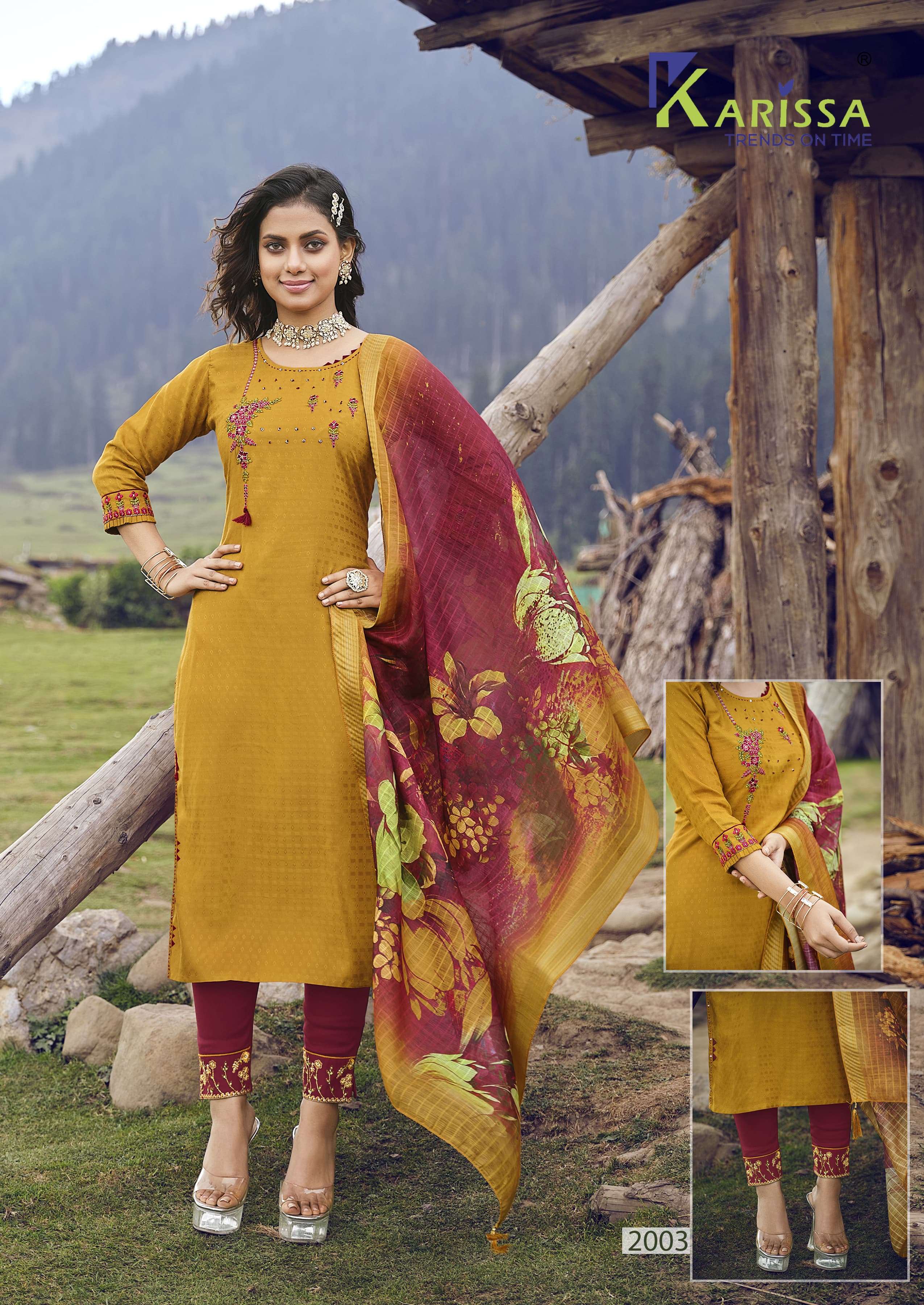 HAZEL LIVA TAG VISCOSE  THREAD HANDWORK KURTI WITH RAYON SLUB LYCRA PANT AND DIGITAL JACQUARD DUPATTA BY KARISSA BRAND 1003